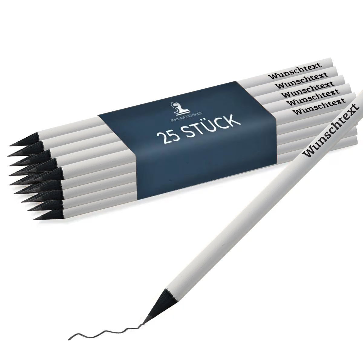Lasergravierte weiße Bleistifte mit schwarzer Gravur (25 Stück)