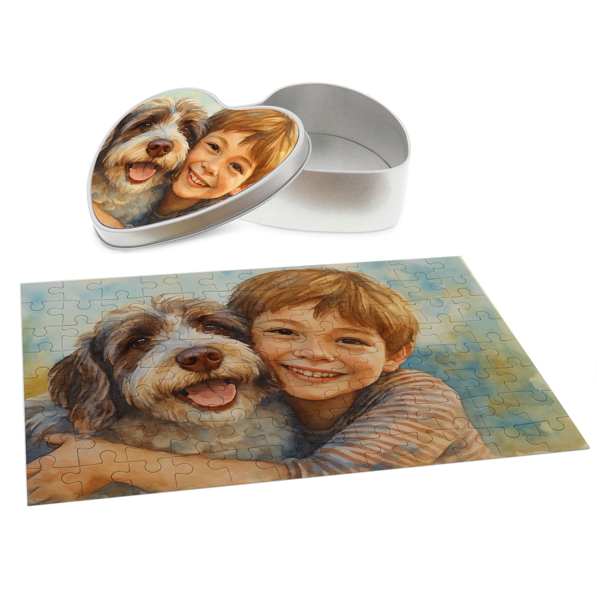 Puzzle mit Aquarellzeichnung und Text (inkl. Herzdose – 96 Teile)