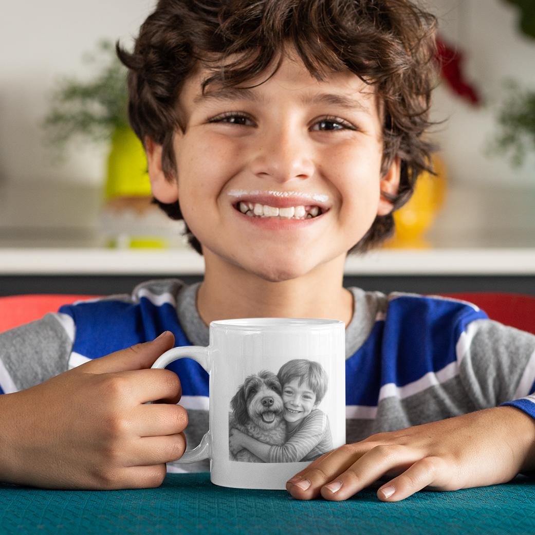 Personalisierte Keramiktasse mit Bleistiftzeichnung