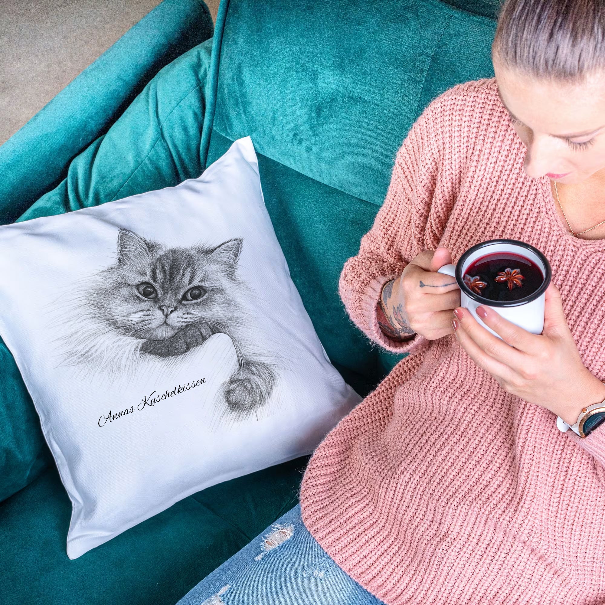 Kissenhülle mit Bleistiftzeichnung