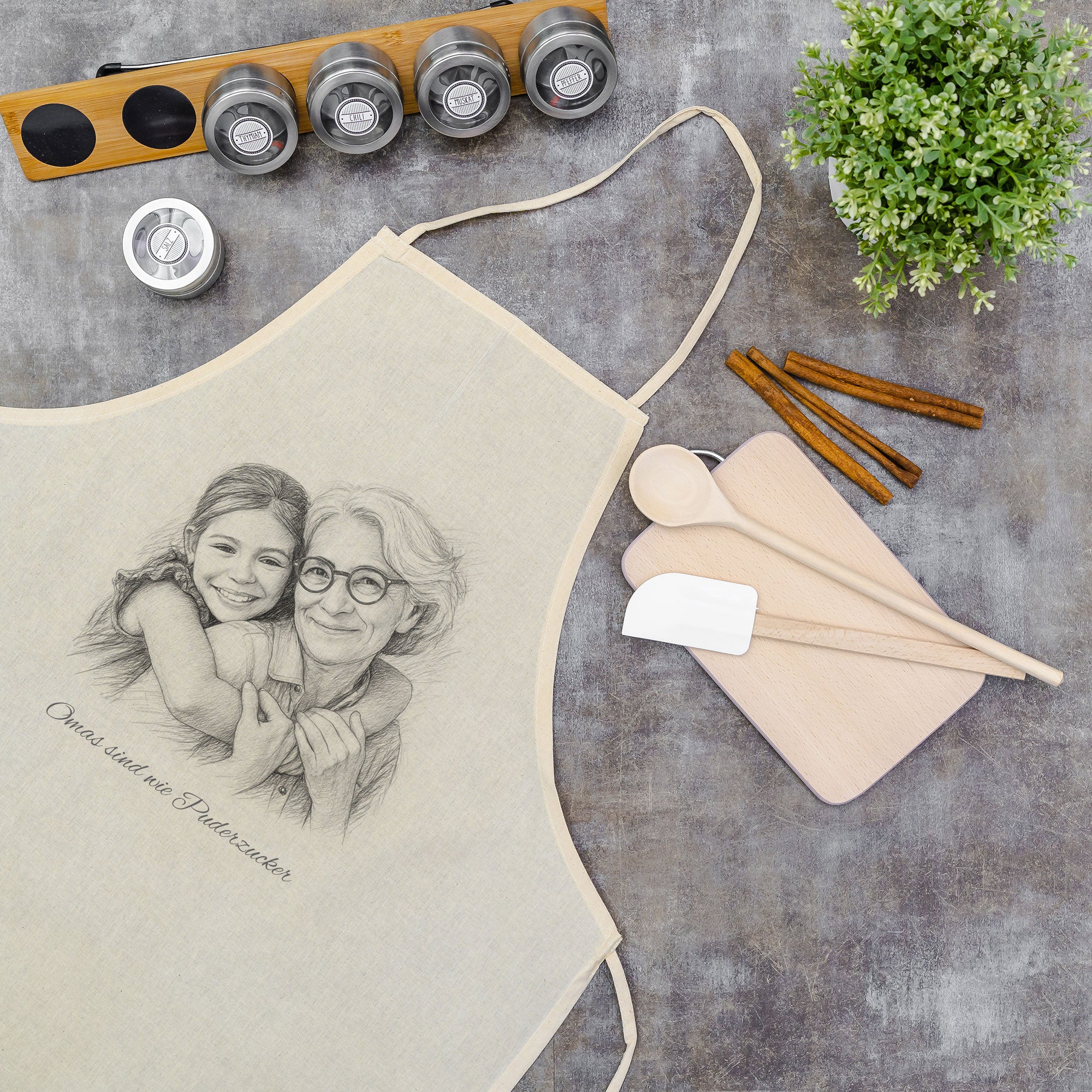 Schürze mit Bleistiftzeichnung & Text