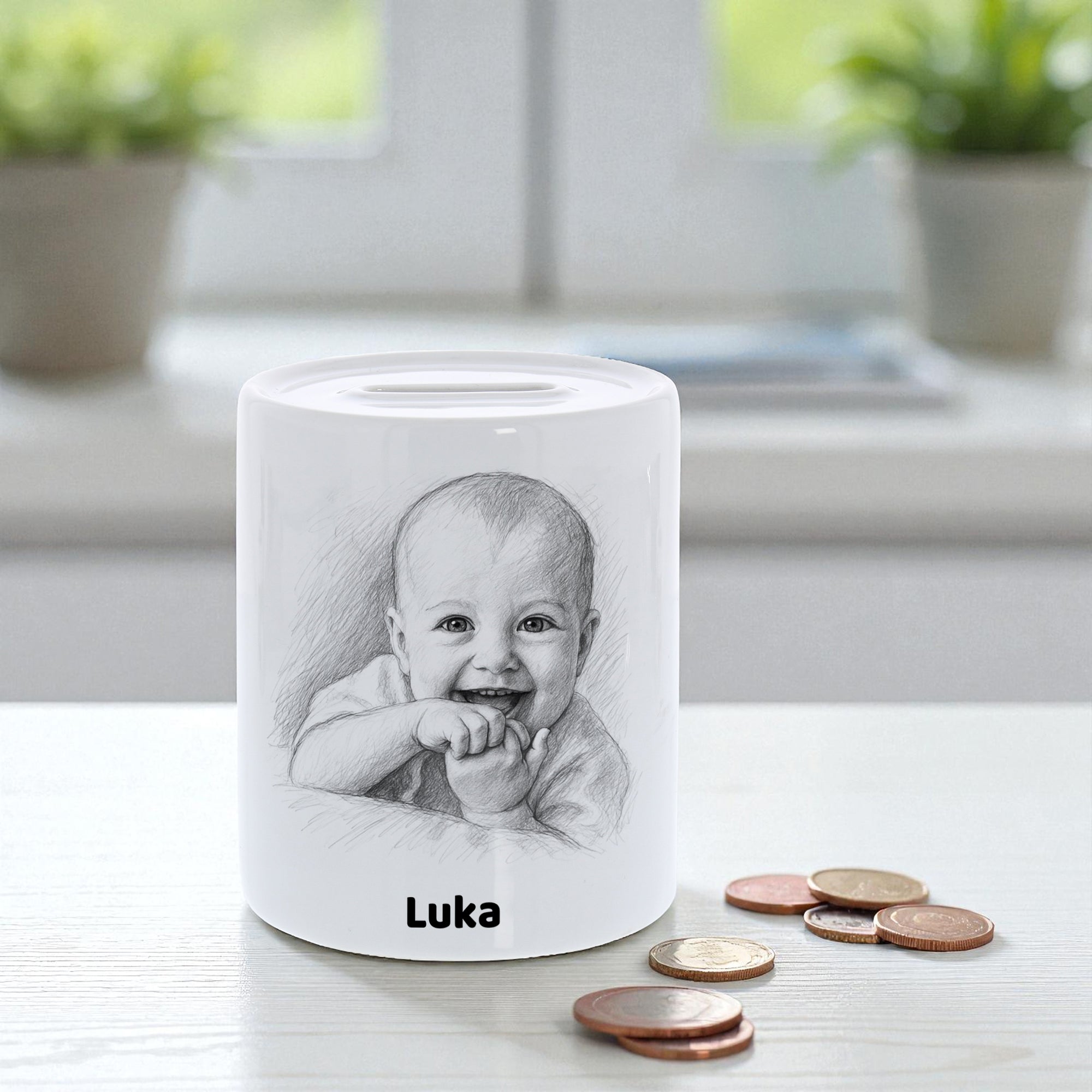 Spardose mit Bleistiftzeichnung und Text