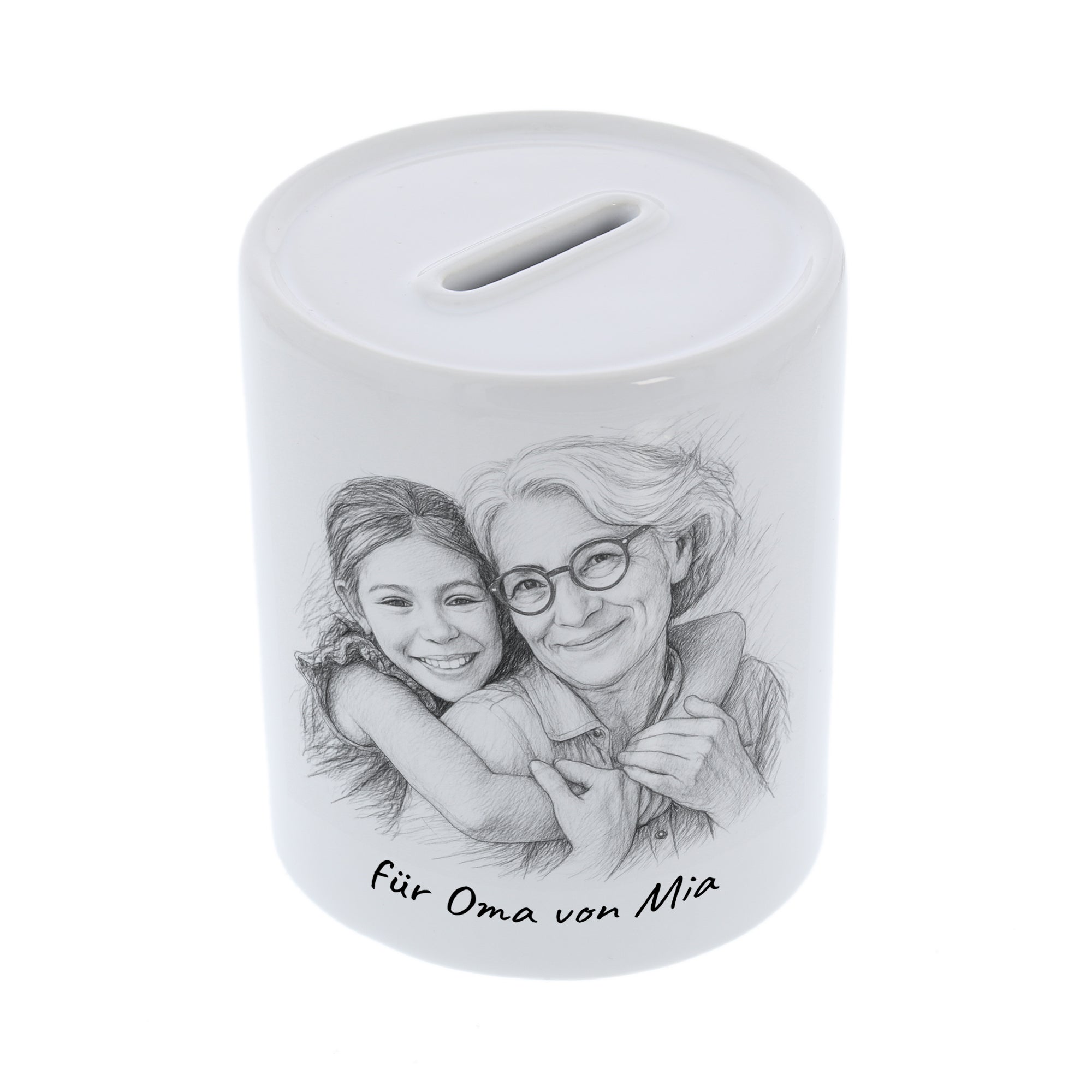 Spardose mit Bleistiftzeichnung und Text