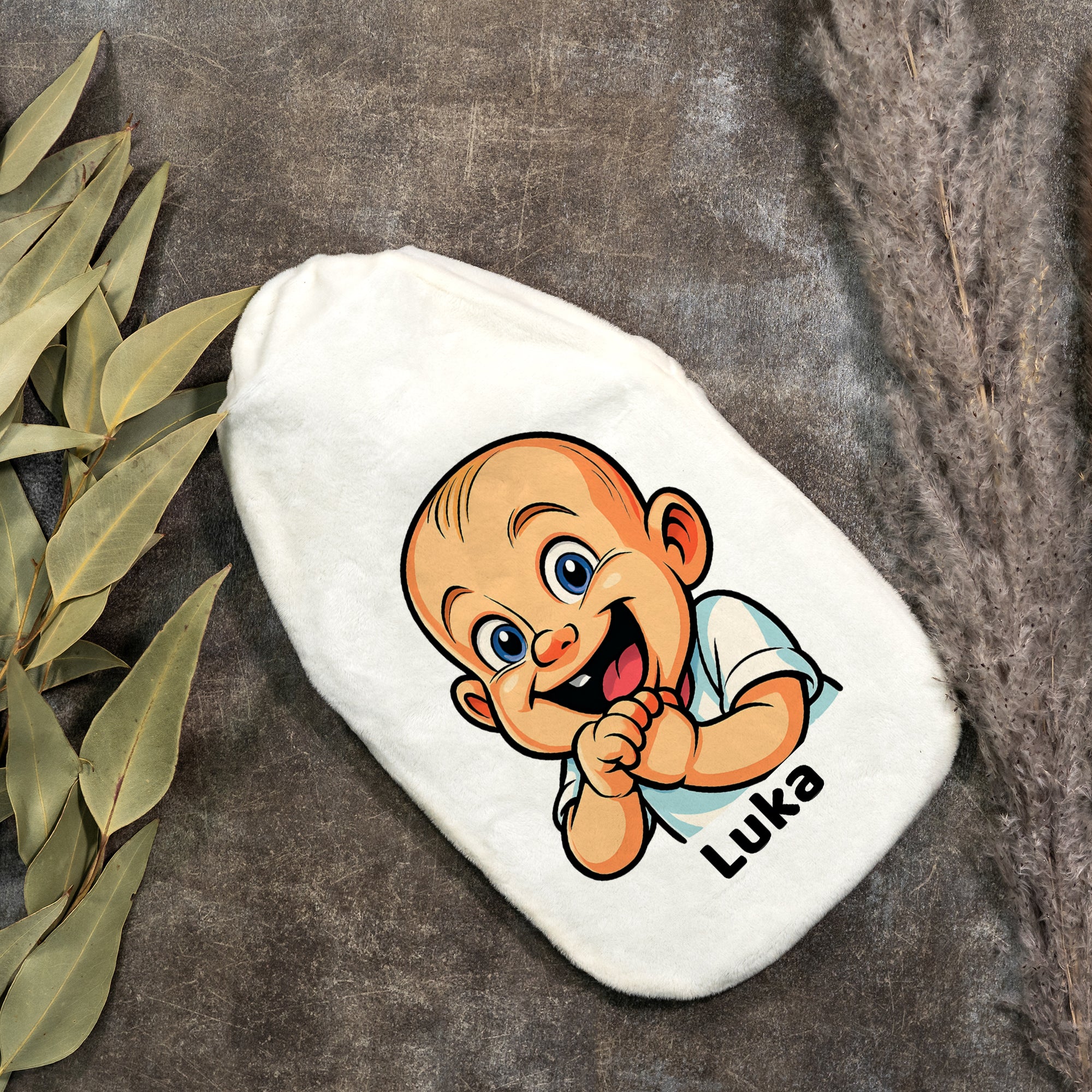 Wärmflasche mit Karikatur & Text