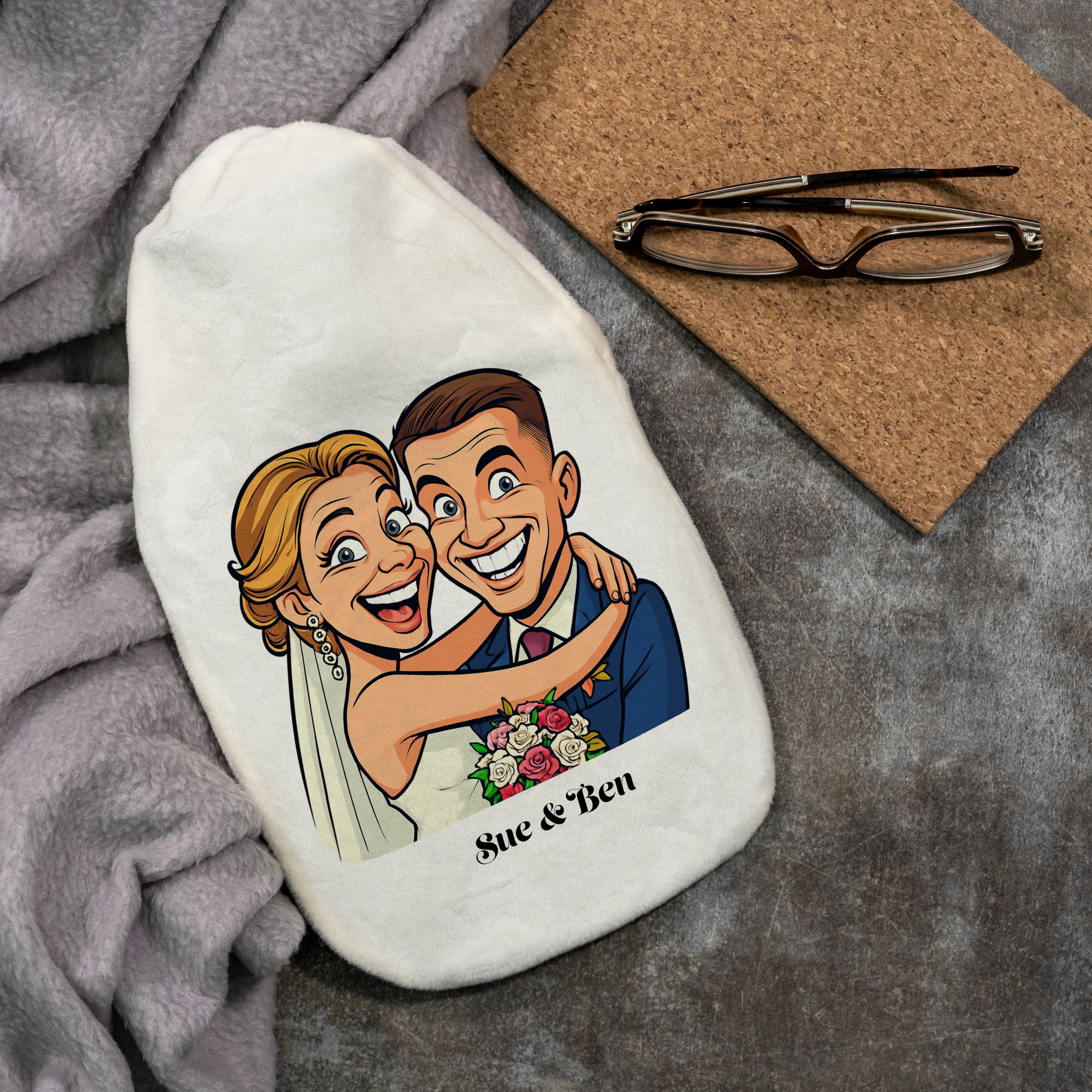 Wärmflasche mit Karikatur & Text