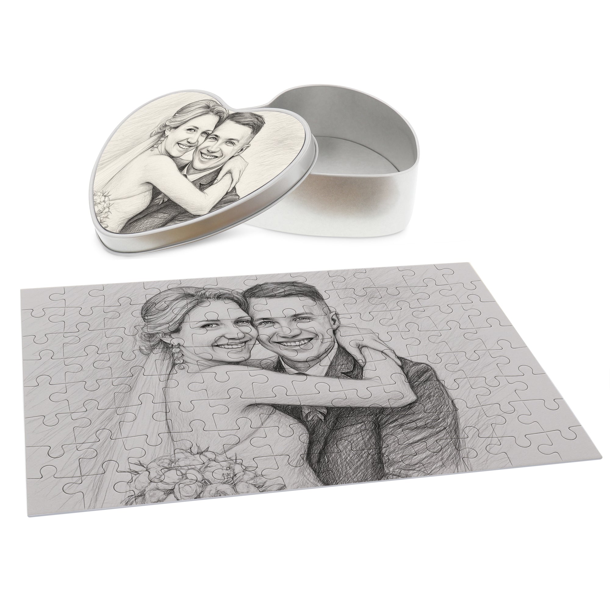 Puzzle mit Bleistiftzeichnung und Text (inkl. Herzdose – 96 Teile)