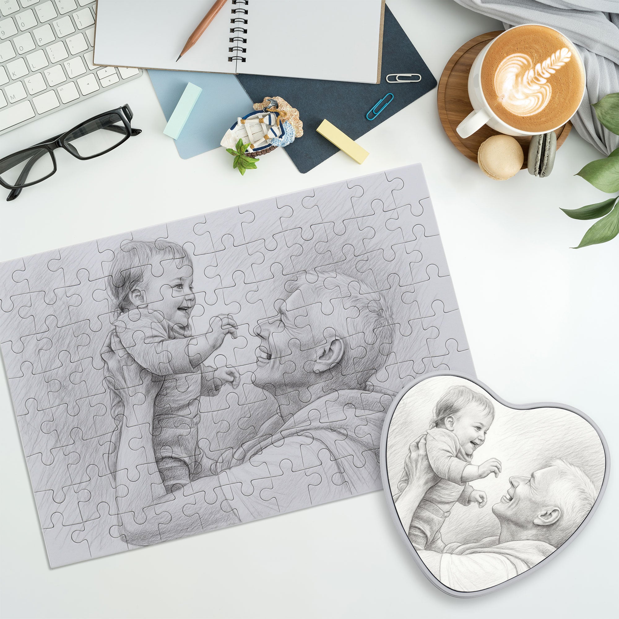 Puzzle mit Bleistiftzeichnung und Text (inkl. Herzdose – 96 Teile)