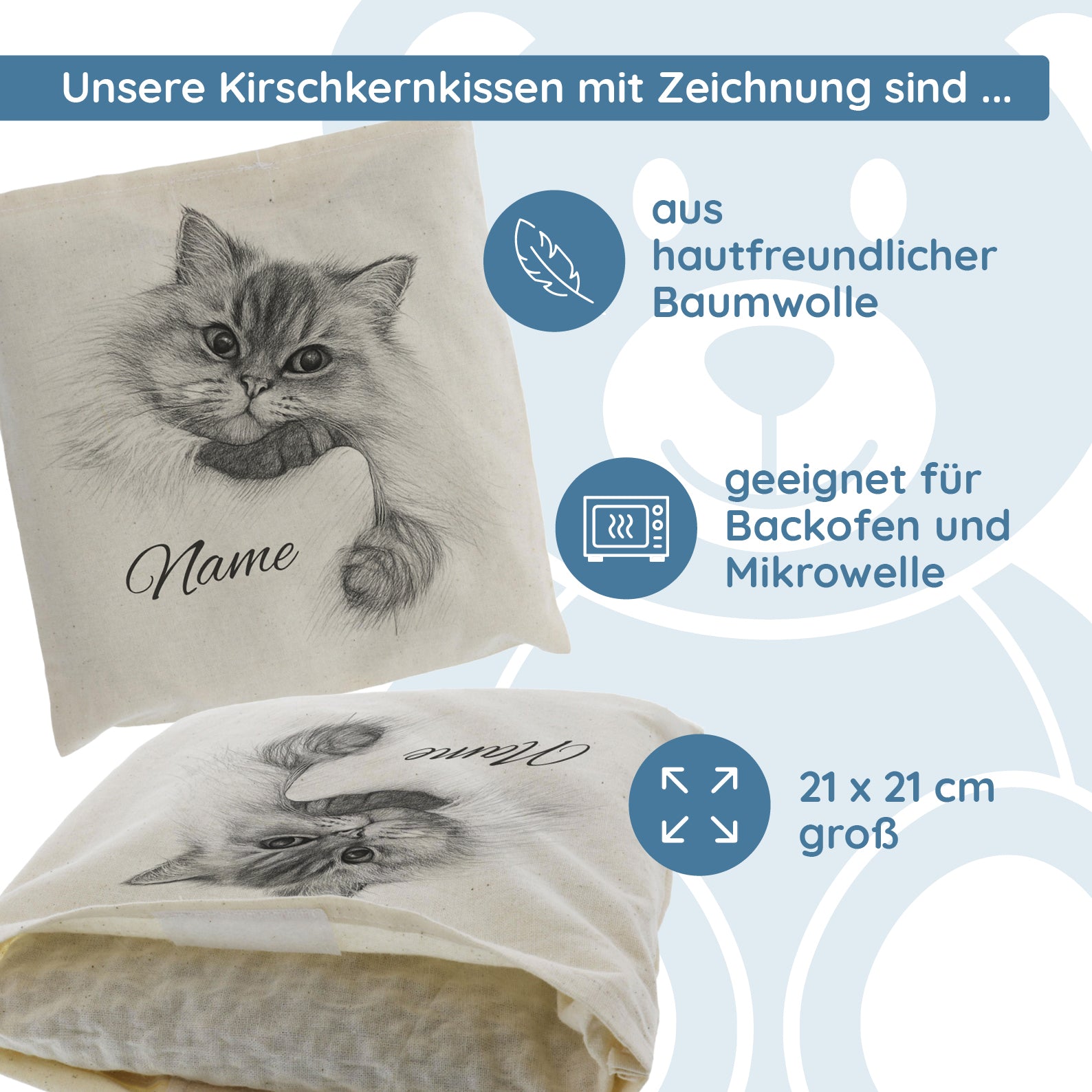 Kirschkernkissen mit Bleistiftzeichnung & Text