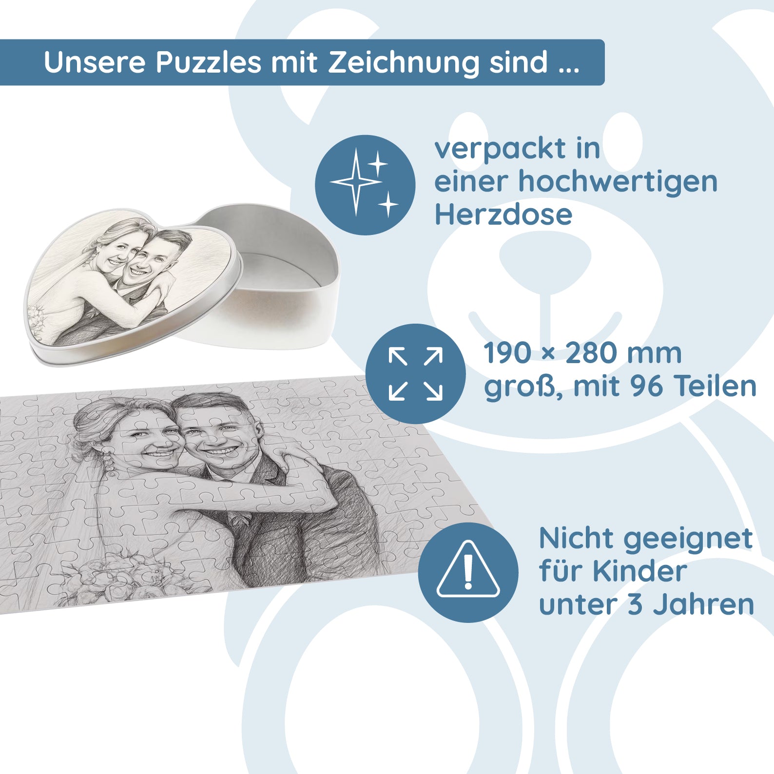 Puzzle mit Bleistiftzeichnung und Text (inkl. Herzdose – 96 Teile)
