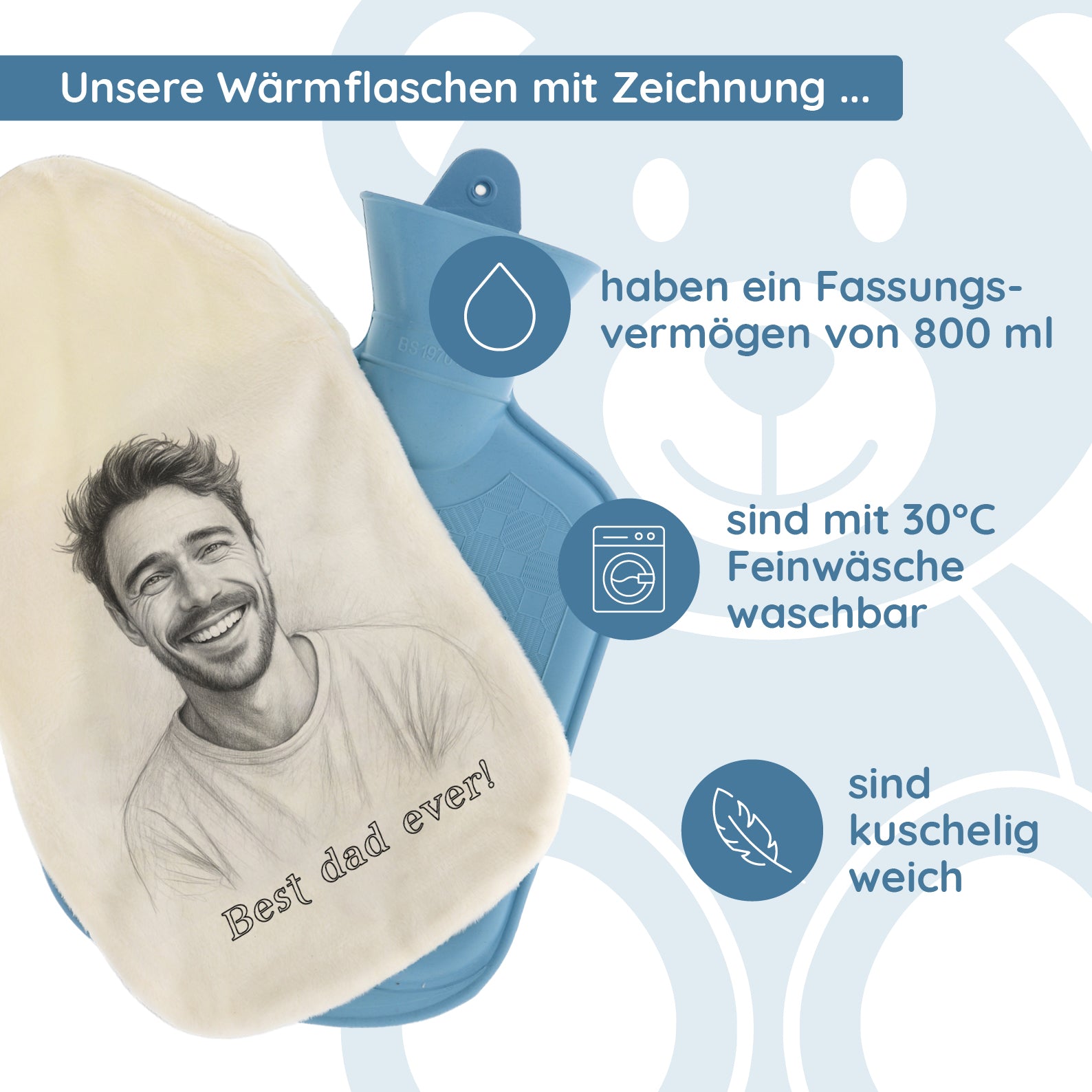 Wärmflasche mit Bleistiftzeichnung & Text