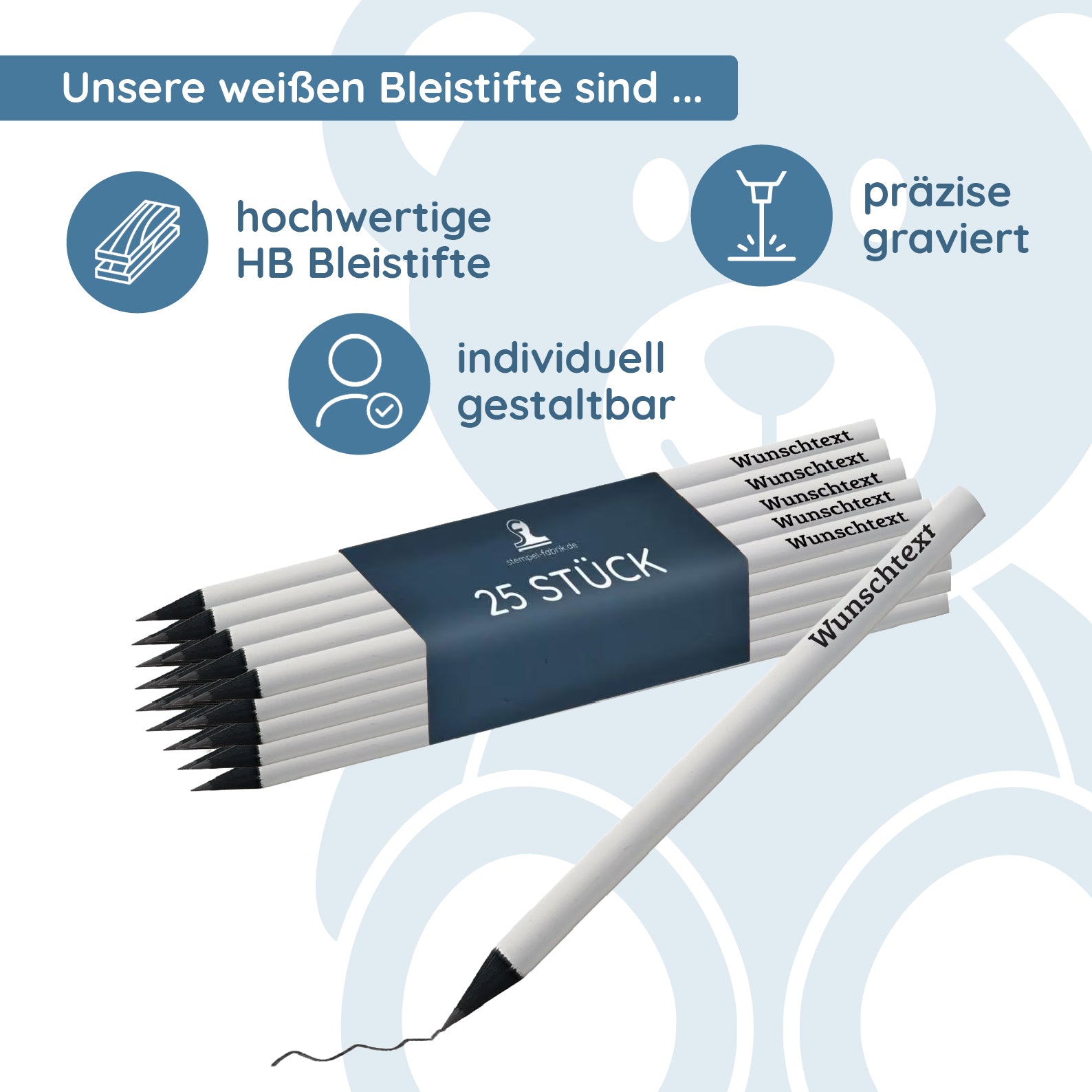 Lasergravierte weiße Bleistifte mit schwarzer Gravur (25 Stück)