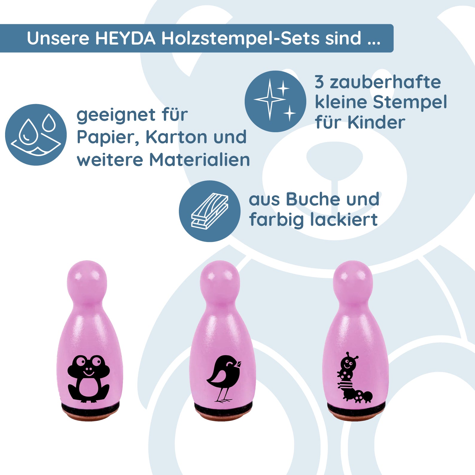 HEYDA Holzstempel-Figuren Set "Tiermotive" – Lila (3 Stück - Ø 12 mm) - kinder-druckerei.de
