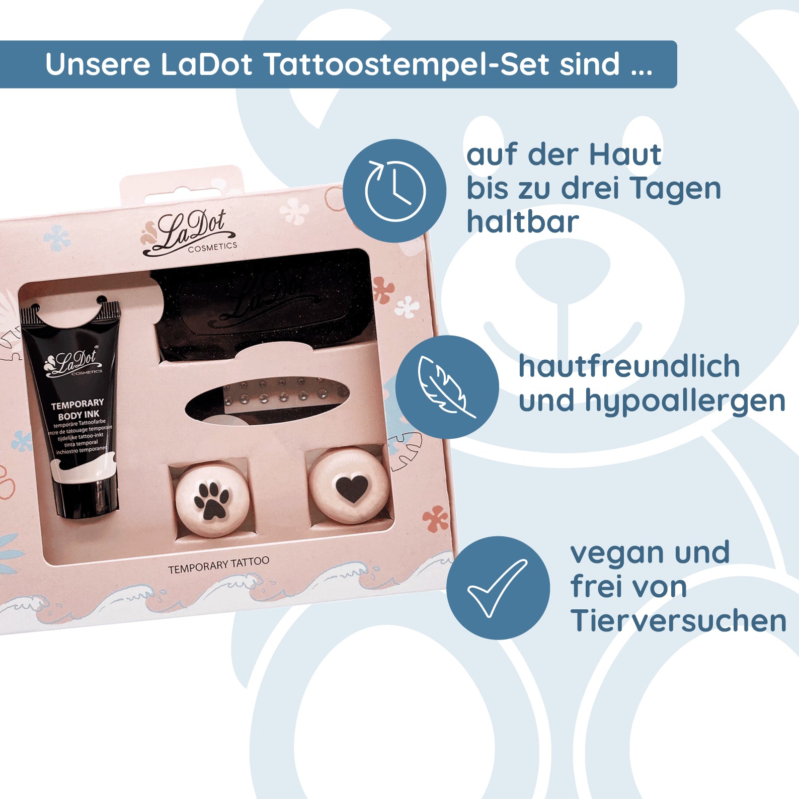 LaDot Tattoostempel-Set Katzenpfote & Herz mit Strasssteinen (Set 7) - kinder-druckerei.de