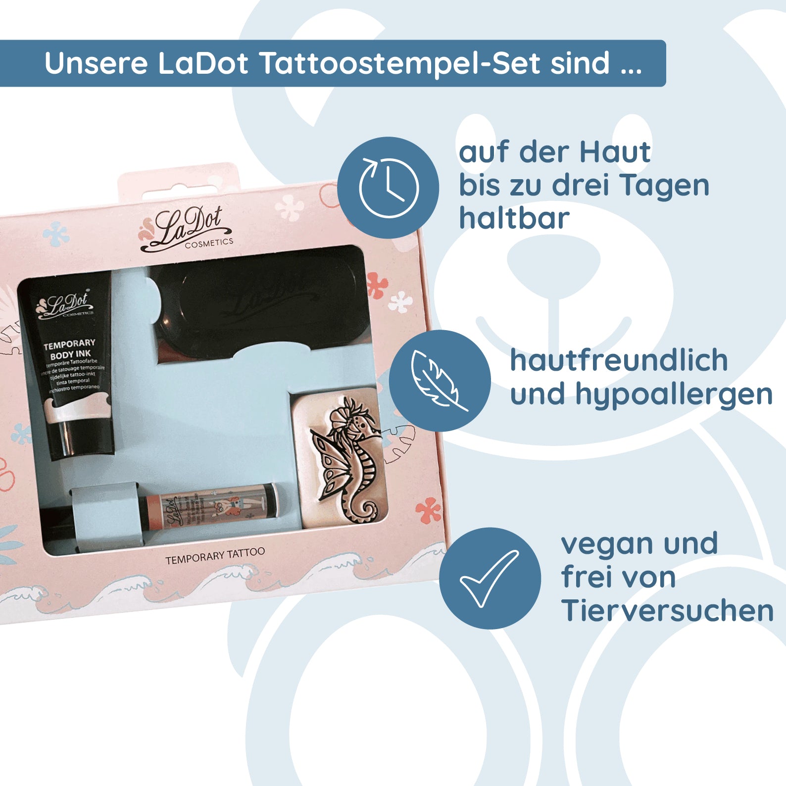 LaDot Tattoostempel-Set Seepferdchen mit pinkem Liner (Set 9) - kinder-druckerei.de