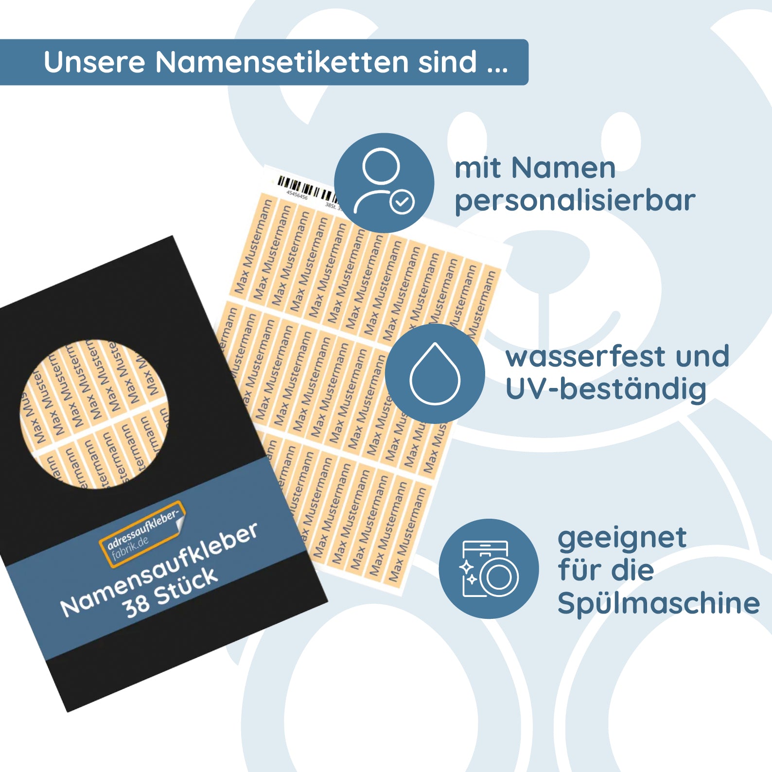 Namensetiketten / Namensaufkleber für Kinder & Senioren (49x8 mm 38 Stück) - kinder-druckerei.de
