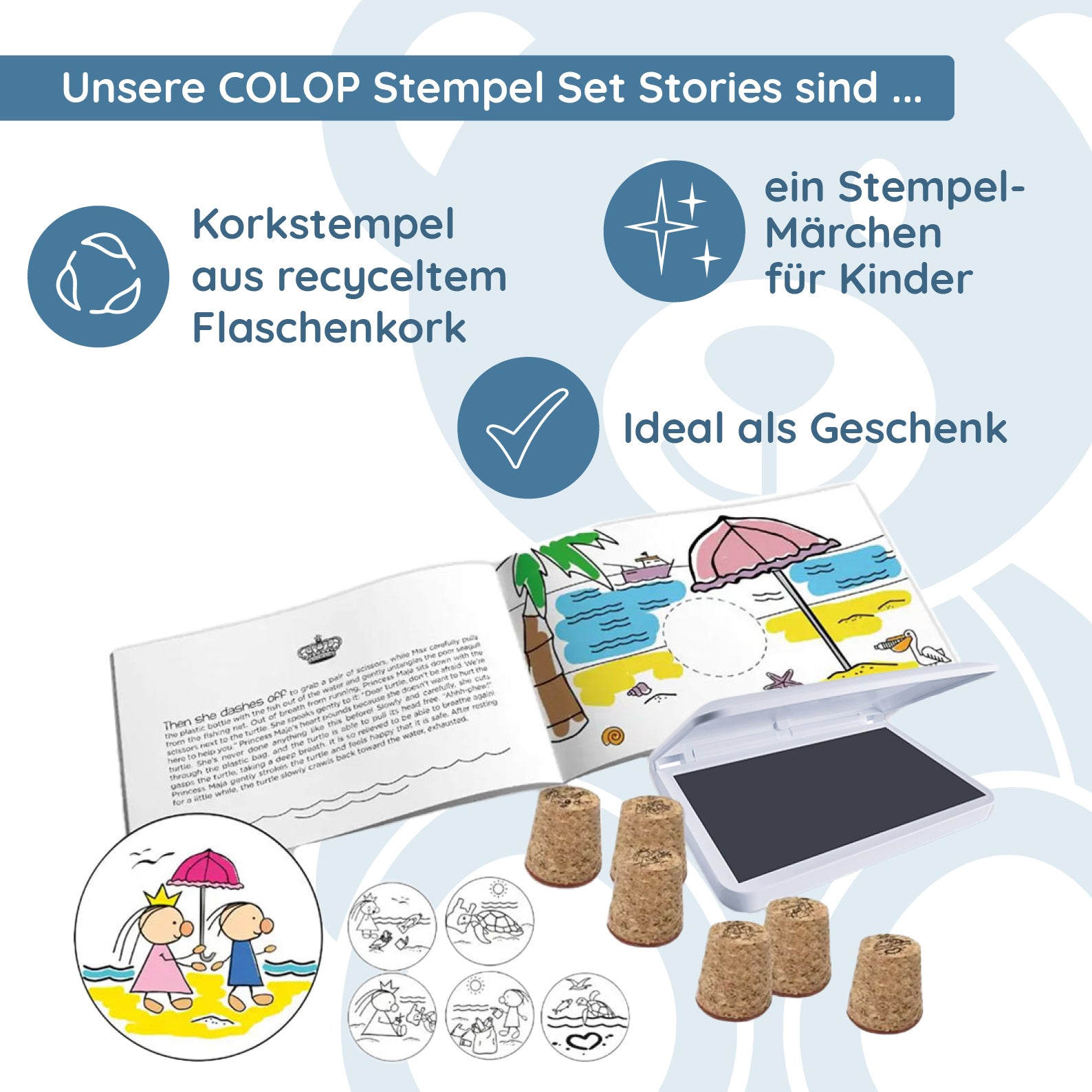 Colop Stempel Set - Stamp Stories (6 Korkstempel + Stempelkissen + Stempelheft)