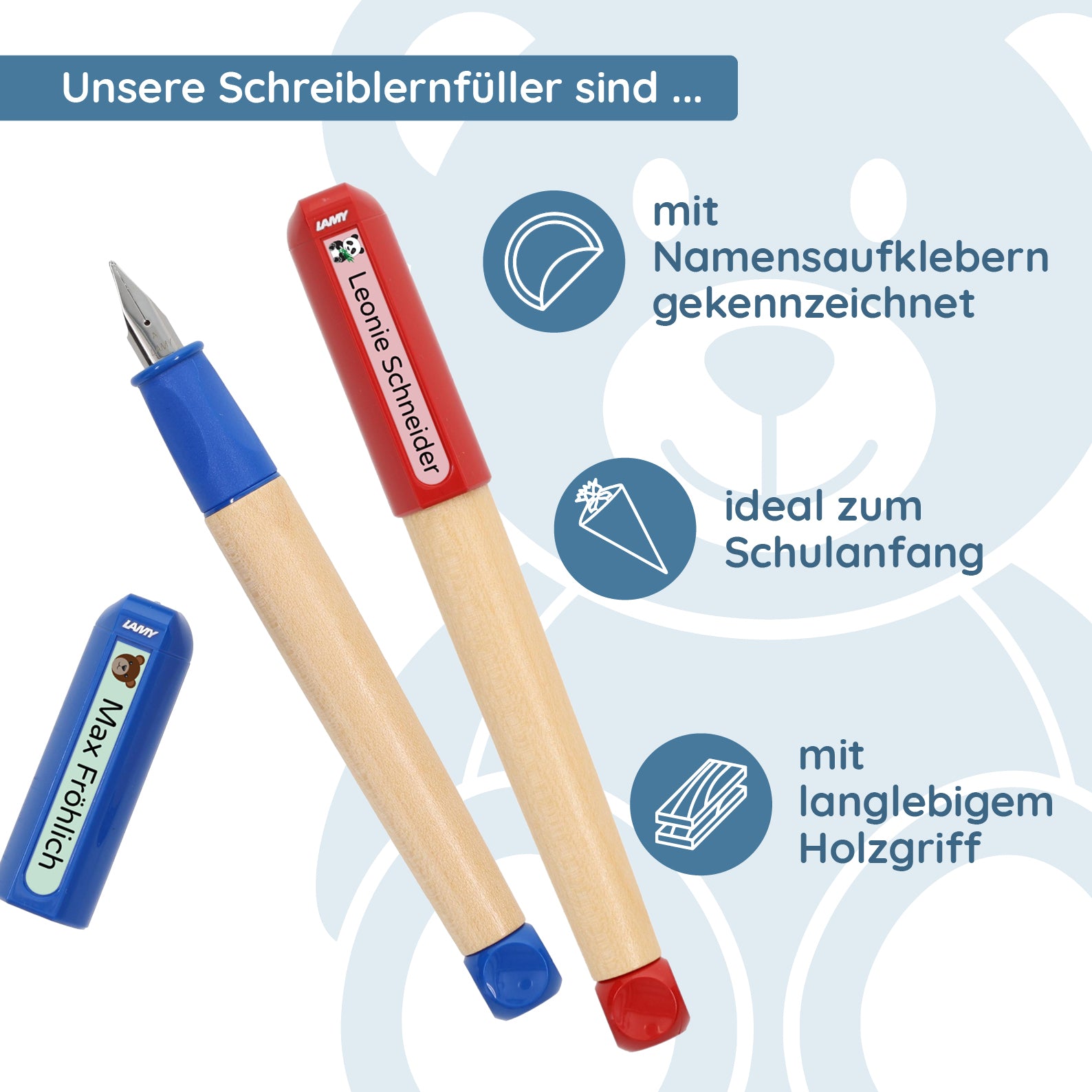 Personalisierter Lamy Schreiblern-Füller Blau & 70 Namensaufkleber