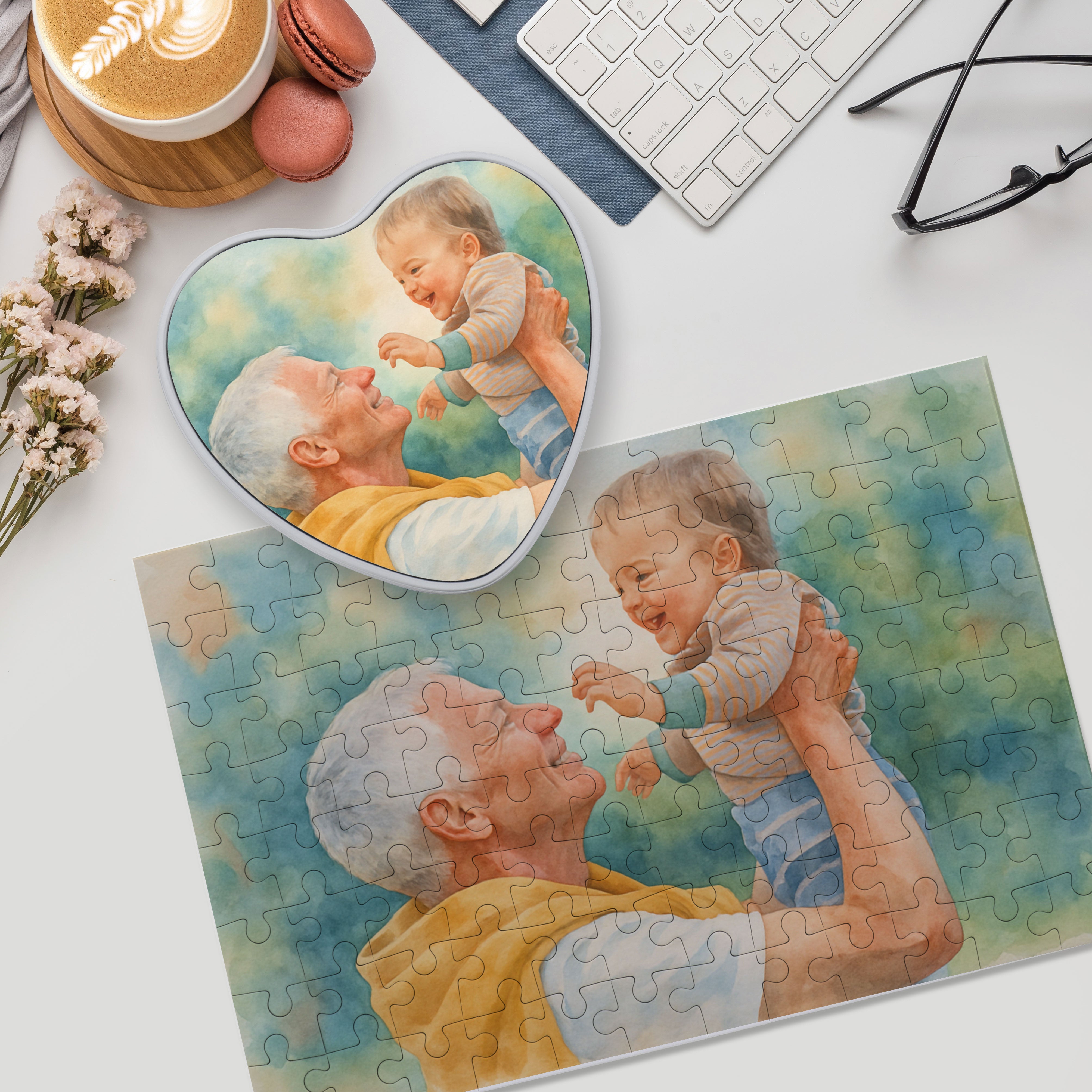 Puzzle mit Aquarellzeichnung und Text (inkl. Herzdose – 96 Teile)