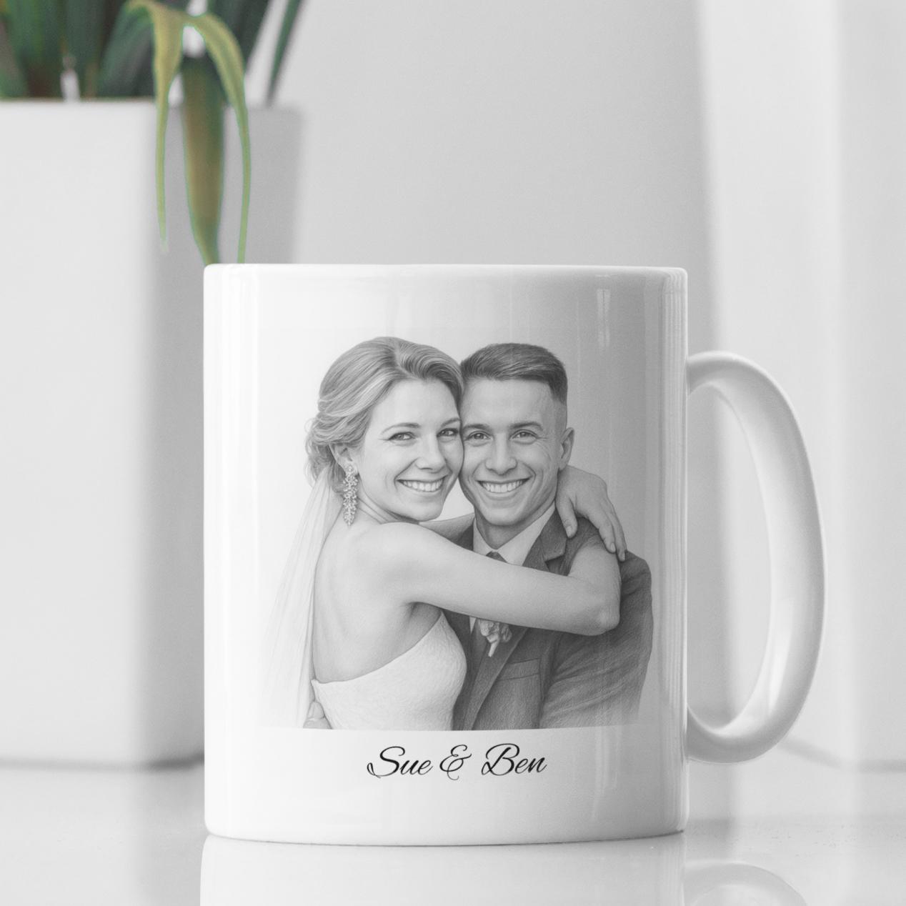 Personalisierte Keramiktasse mit Bleistiftzeichnung