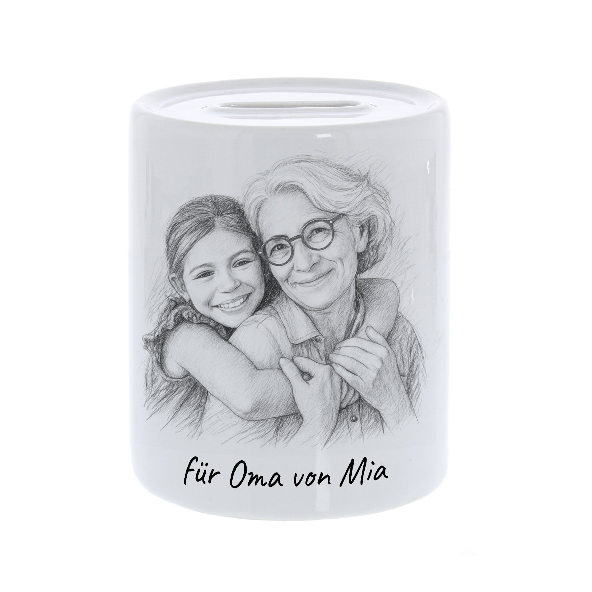 Spardose mit Bleistiftzeichnung und Text