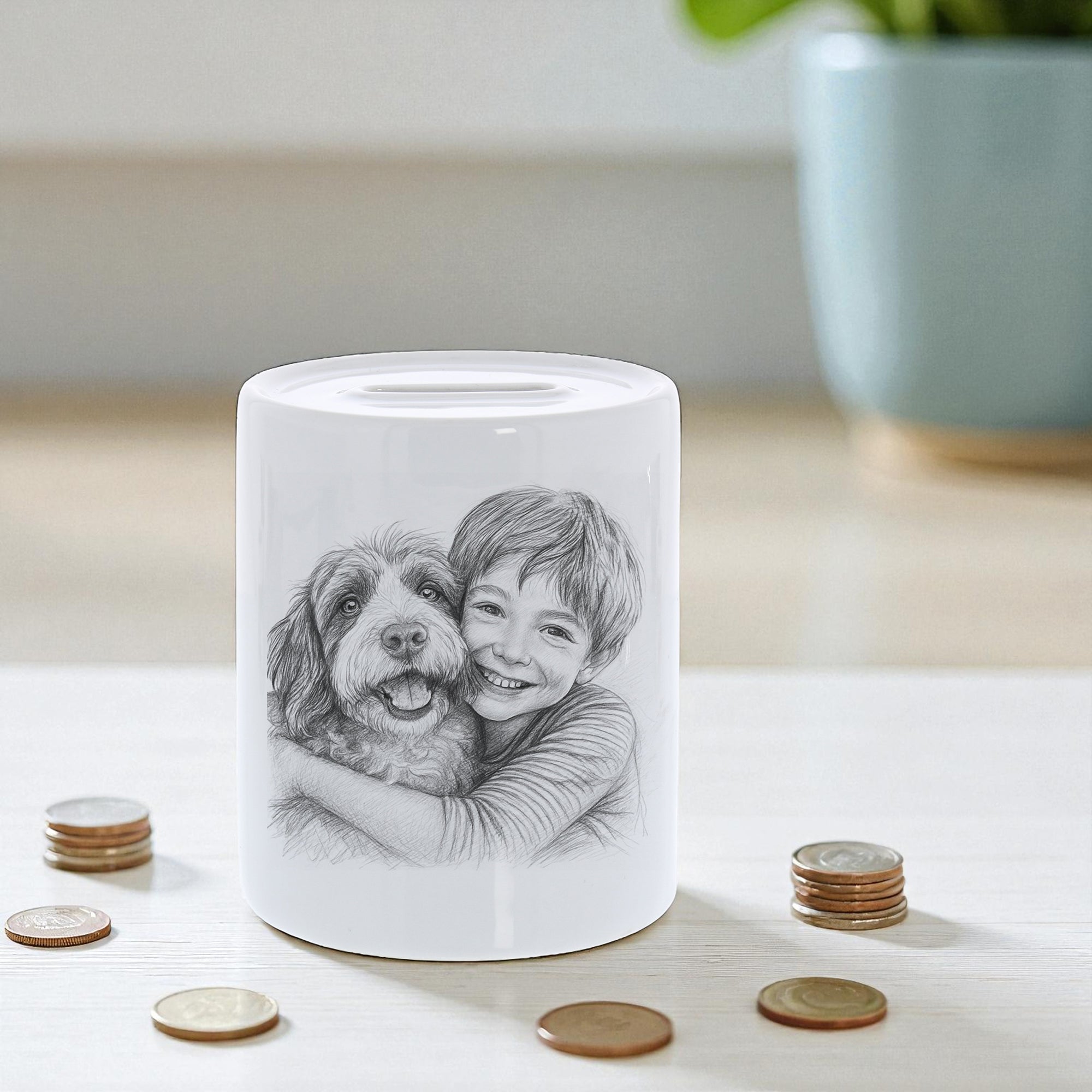 Spardose mit Bleistiftzeichnung und Text