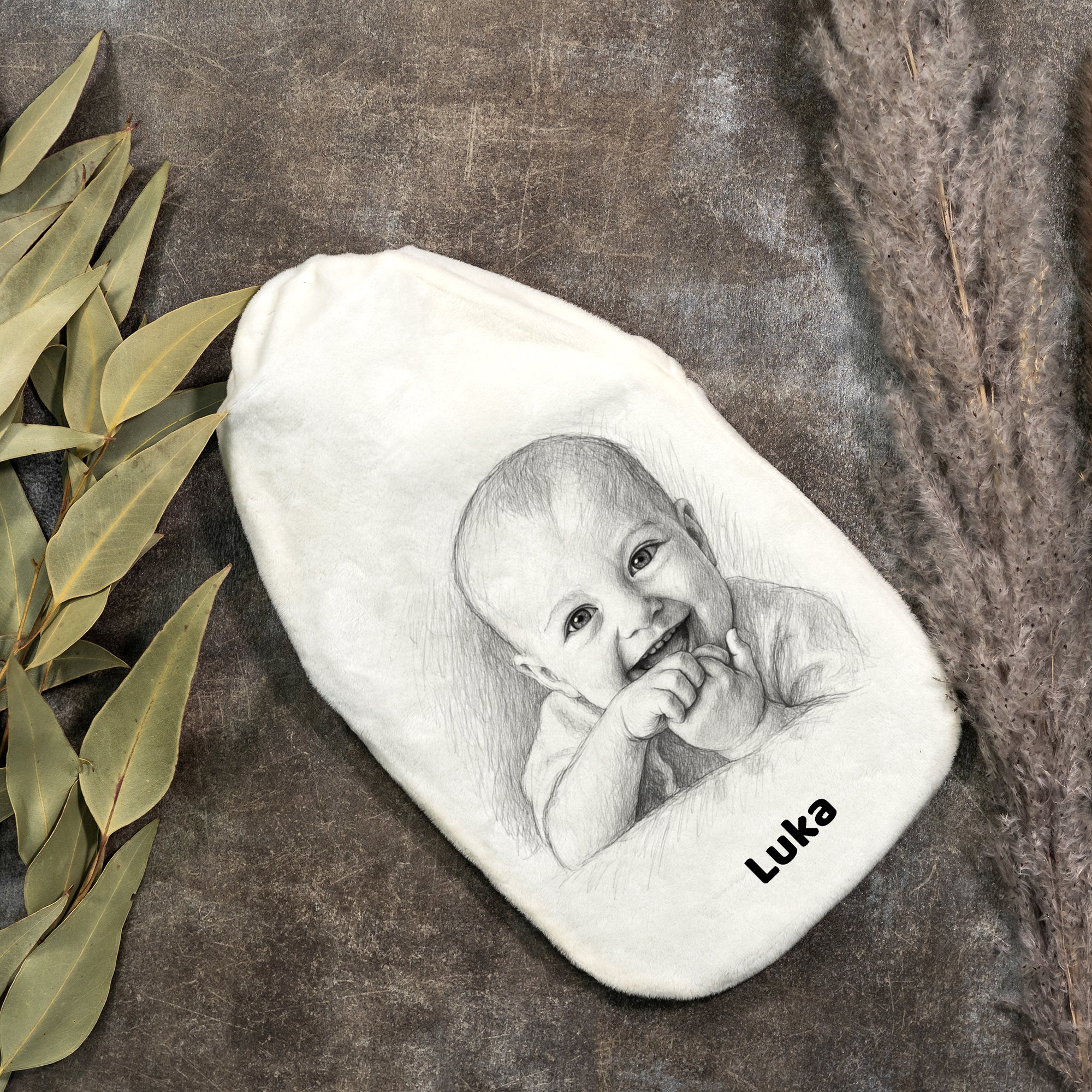 Wärmflasche mit Bleistiftzeichnung & Text