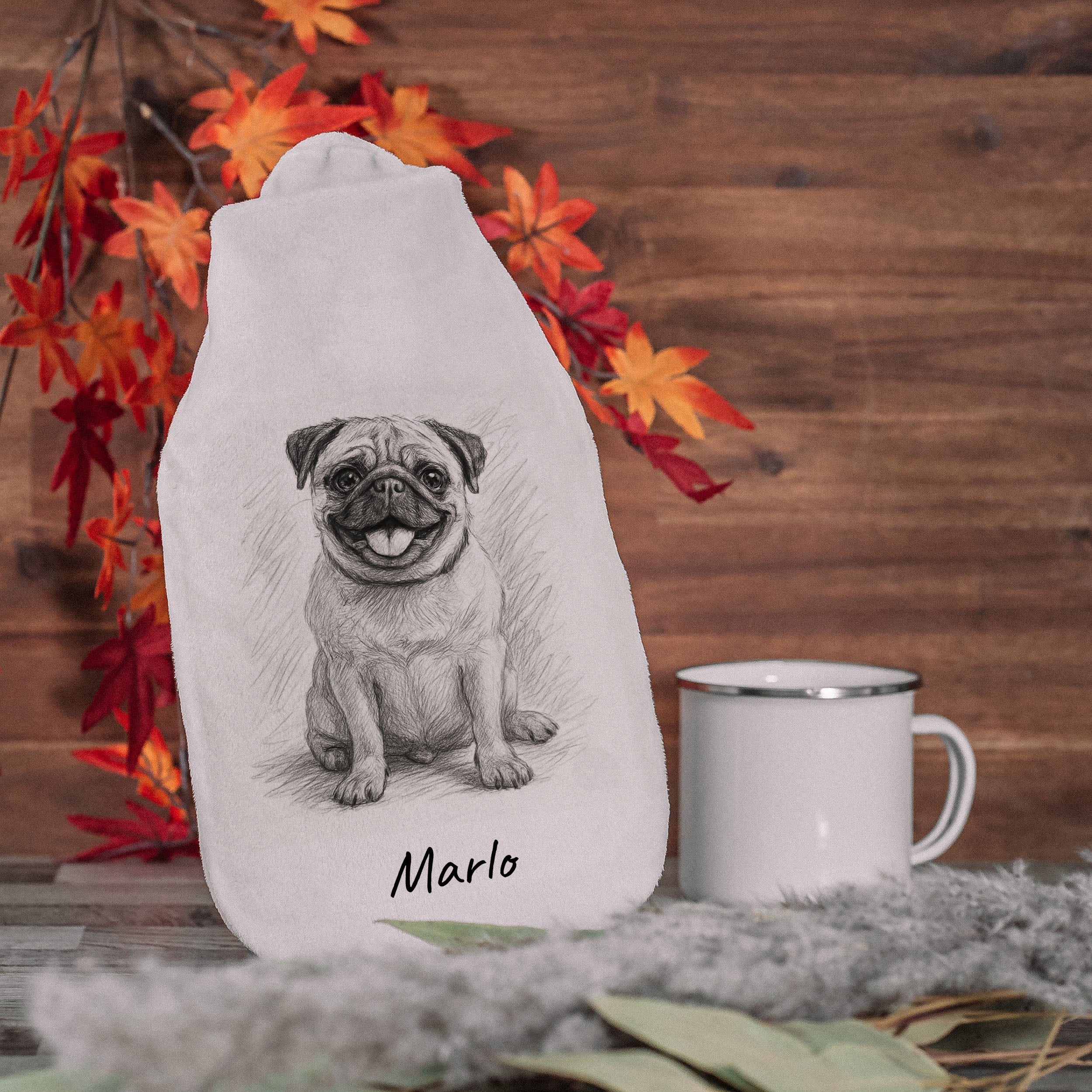 Wärmflasche mit Bleistiftzeichnung & Text