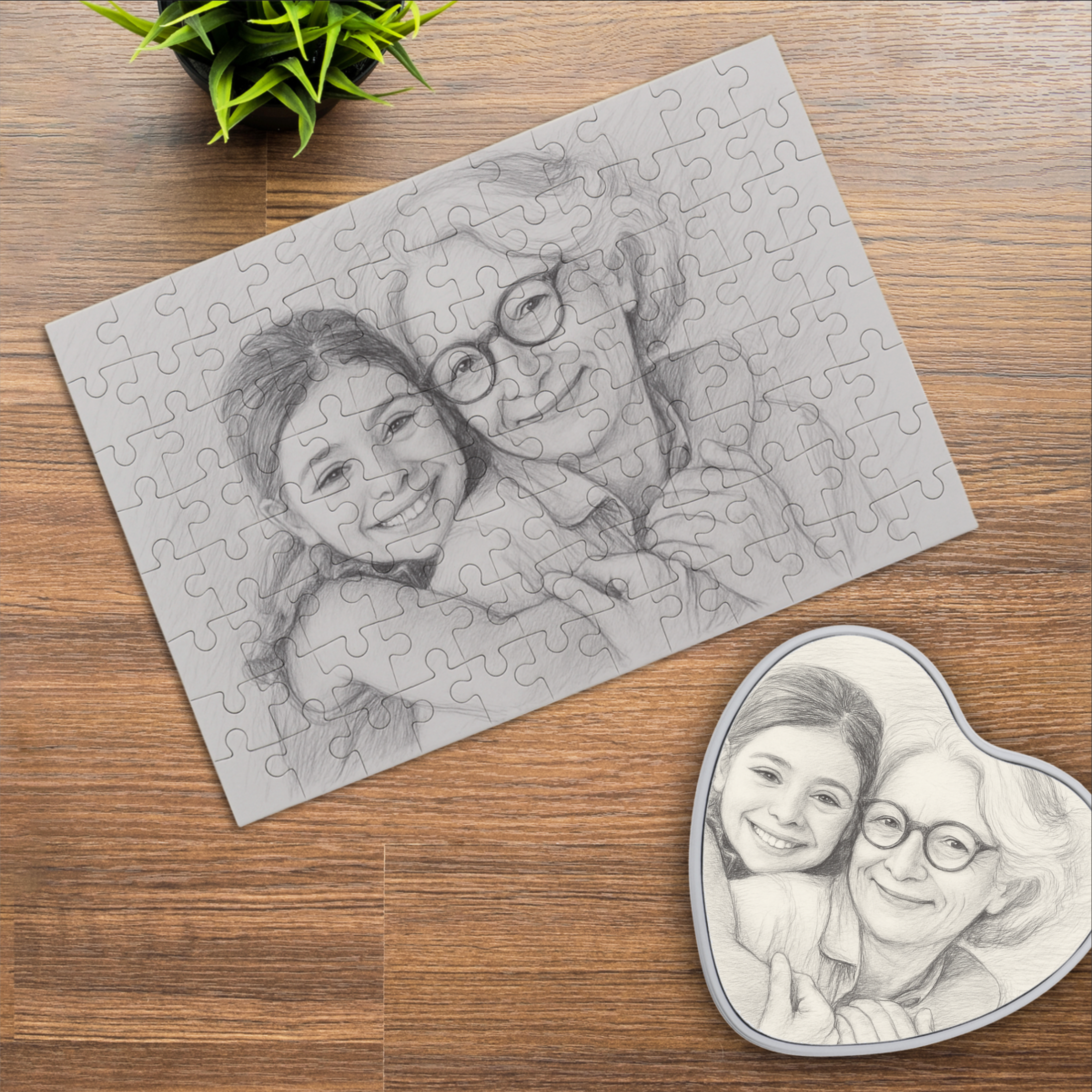 Puzzle mit Bleistiftzeichnung und Text (inkl. Herzdose – 96 Teile)