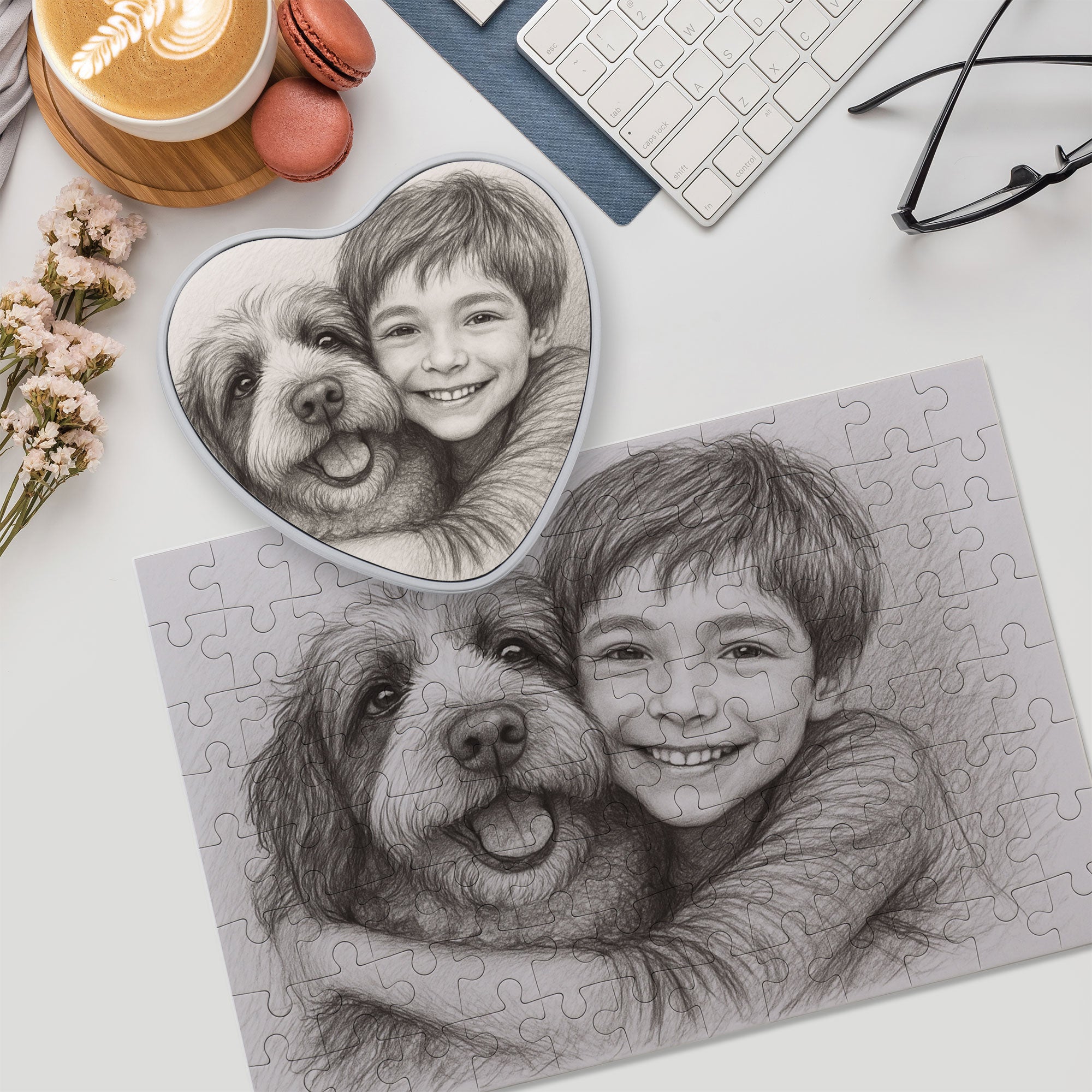 Puzzle mit Bleistiftzeichnung und Text (inkl. Herzdose – 96 Teile)