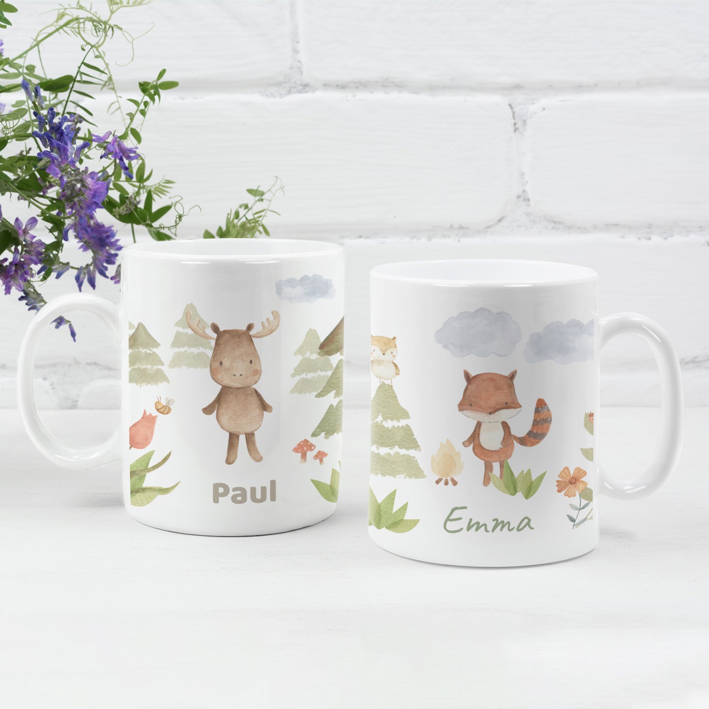 Personalisierte Kindertasse mit Namen – verschiedene Aquarell-Welten