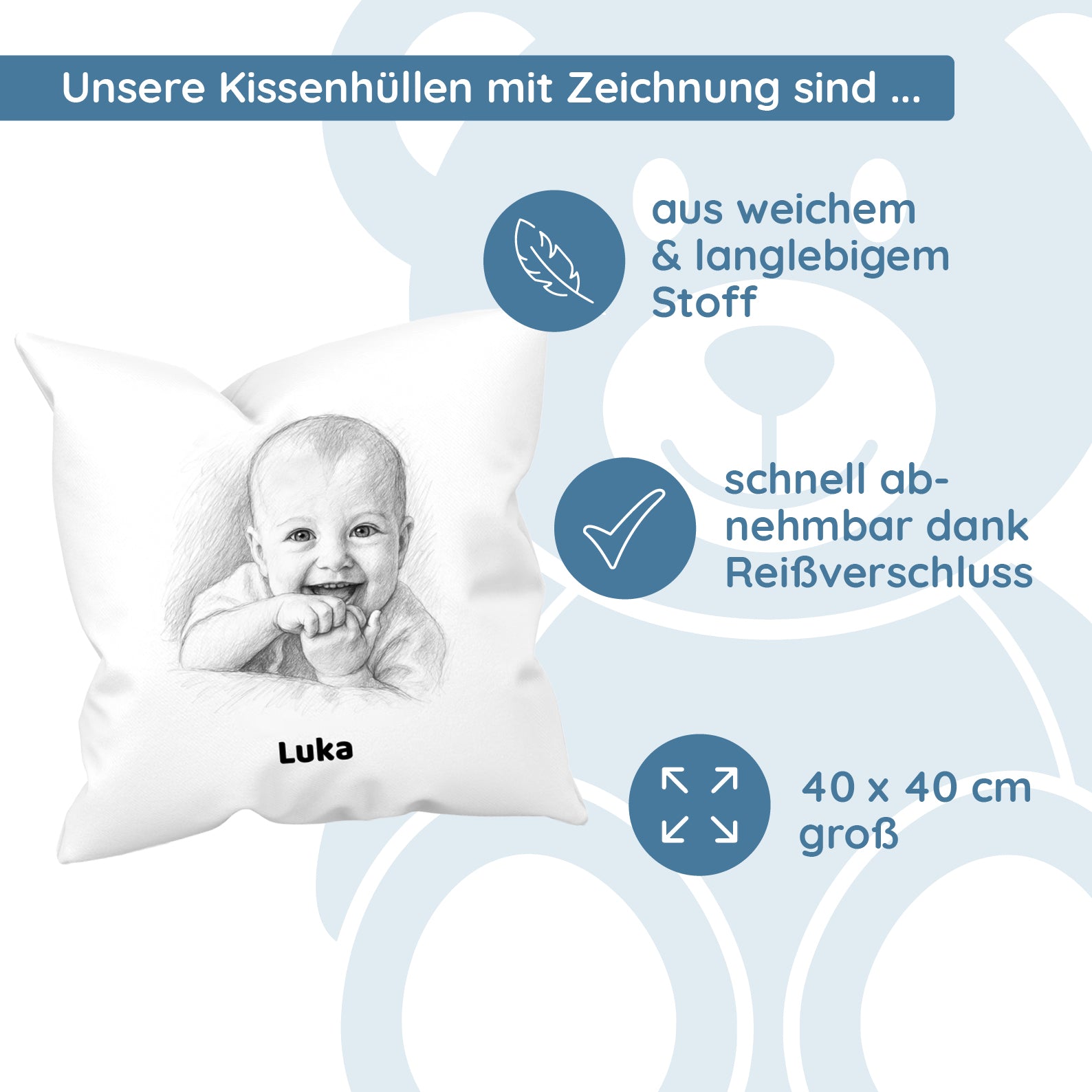 Kissenhülle mit Bleistiftzeichnung