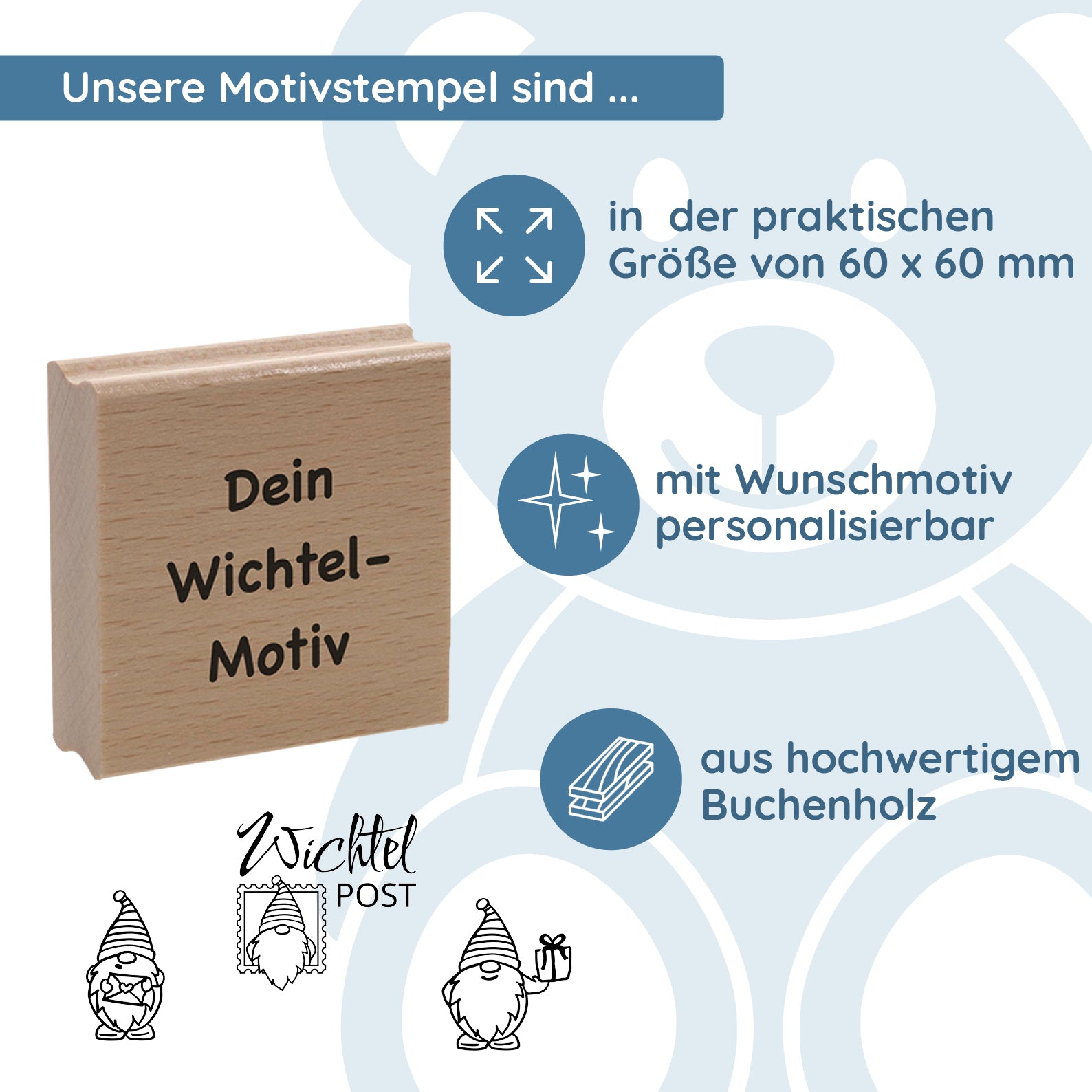 Personalisierbarer Motivstempel Wichtel (60x60 mm)