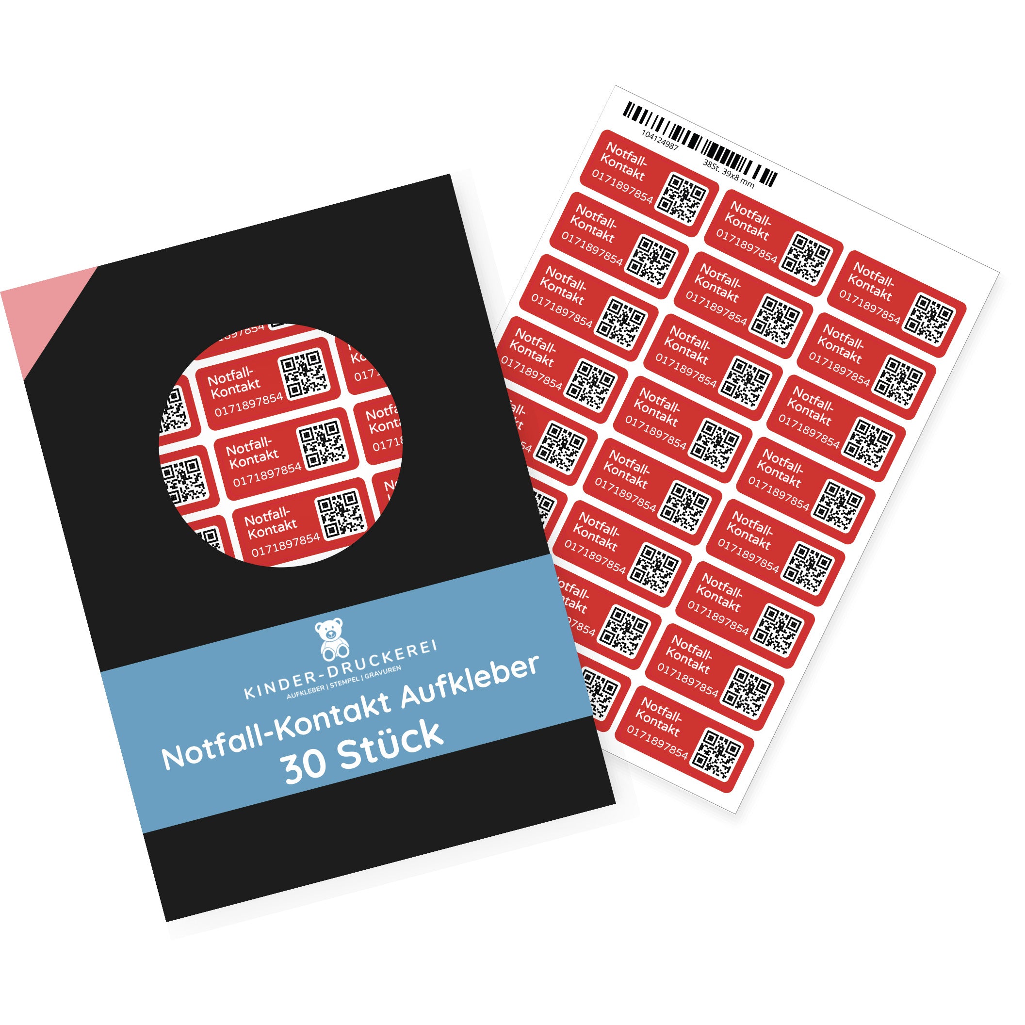 Notfallkontakt-Aufkleber mit Telefonnummer & QR-Code, stark haftend, 30x13mm