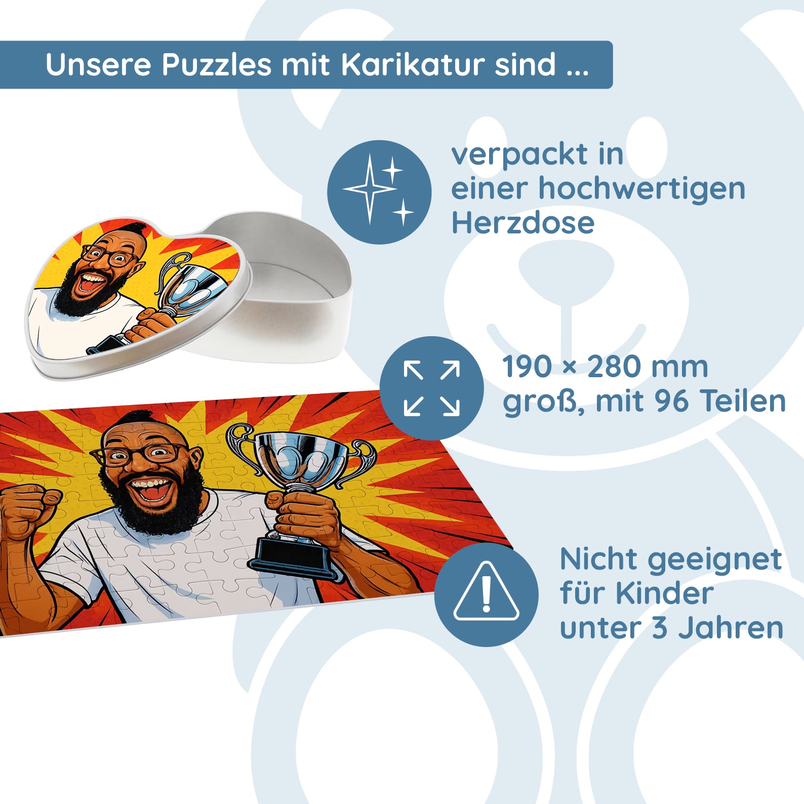 Puzzle mit Karikatur und Text (inkl. Herzdose – 96 Teile)