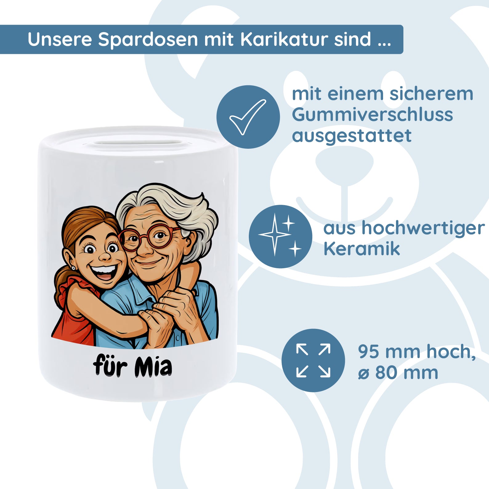 Spardose mit Karikatur und Text