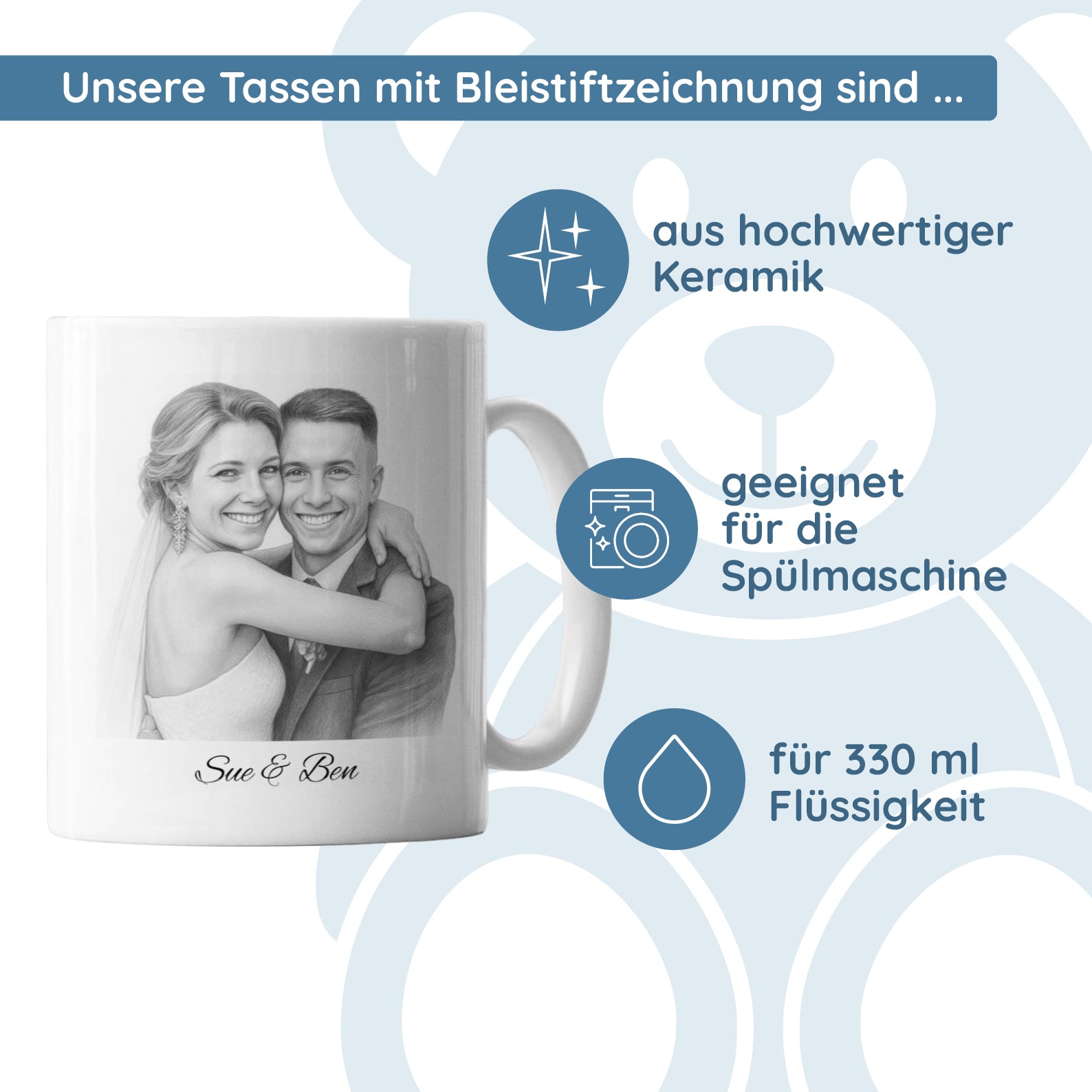 Personalisierte Keramiktasse mit Bleistiftzeichnung