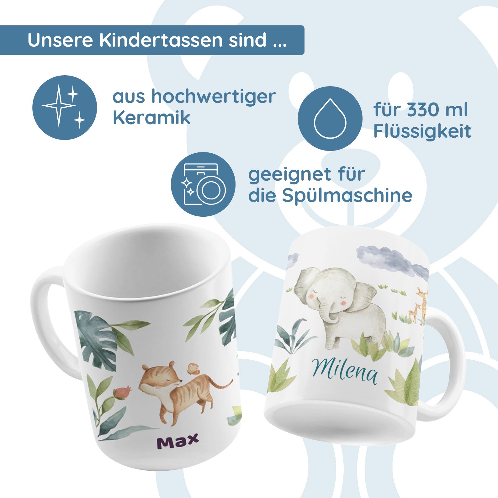 Personalisierte Kindertasse mit Namen – verschiedene Aquarell-Welten