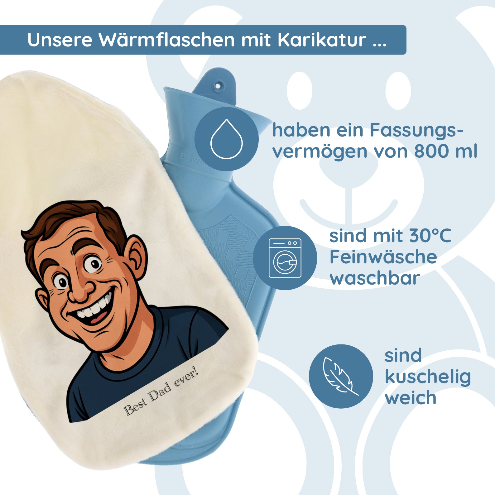 Wärmflasche mit Karikatur & Text