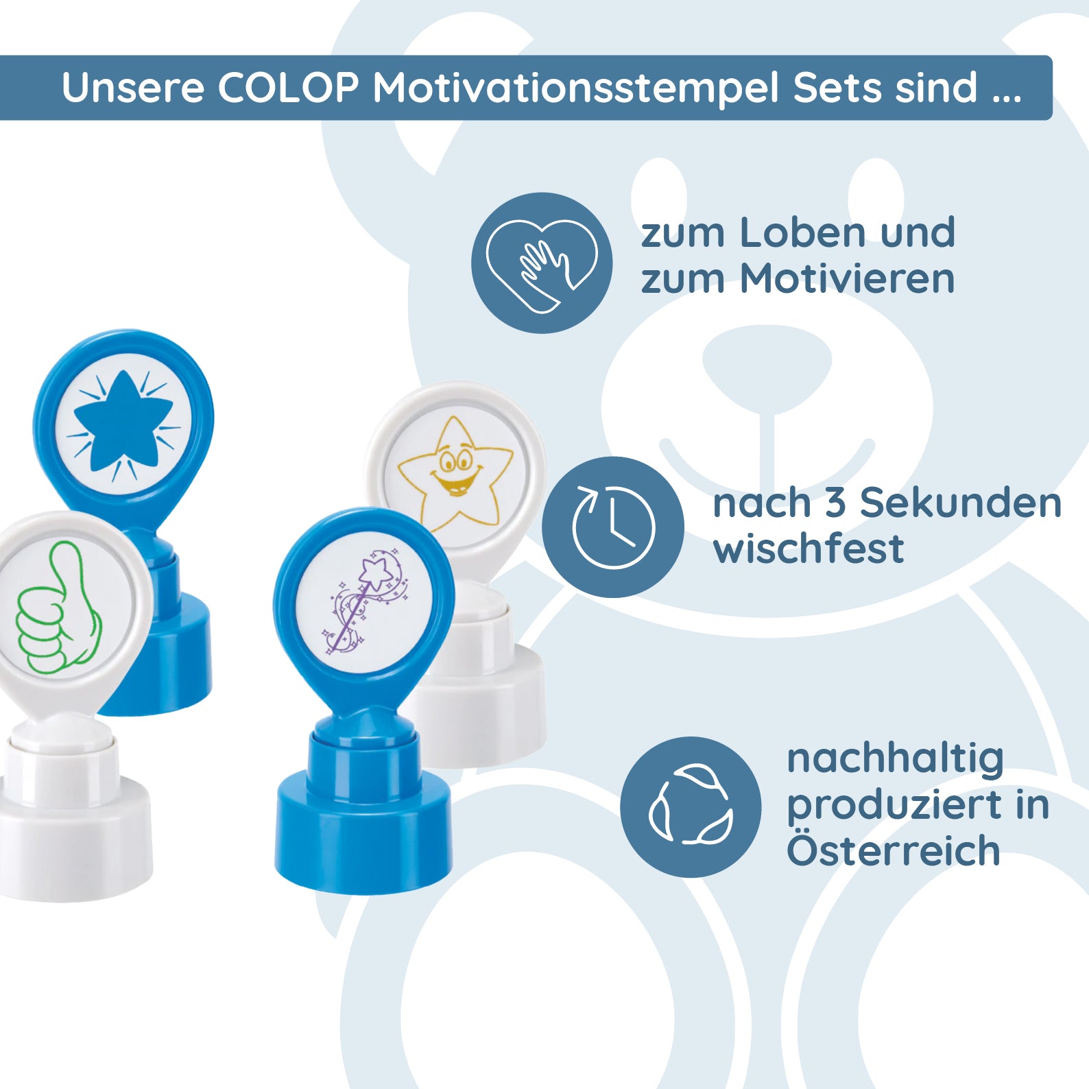 AKTION - Motivationsstempel - Lehrerstempel im Set (Ø 22 mm - 4 Motive) - kinder-druckerei.de