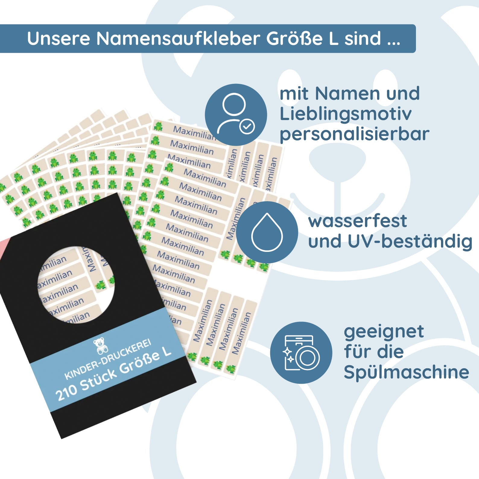 Namensaufkleber für Kinder Größe L (210 Aufkleber 60x9 mm)